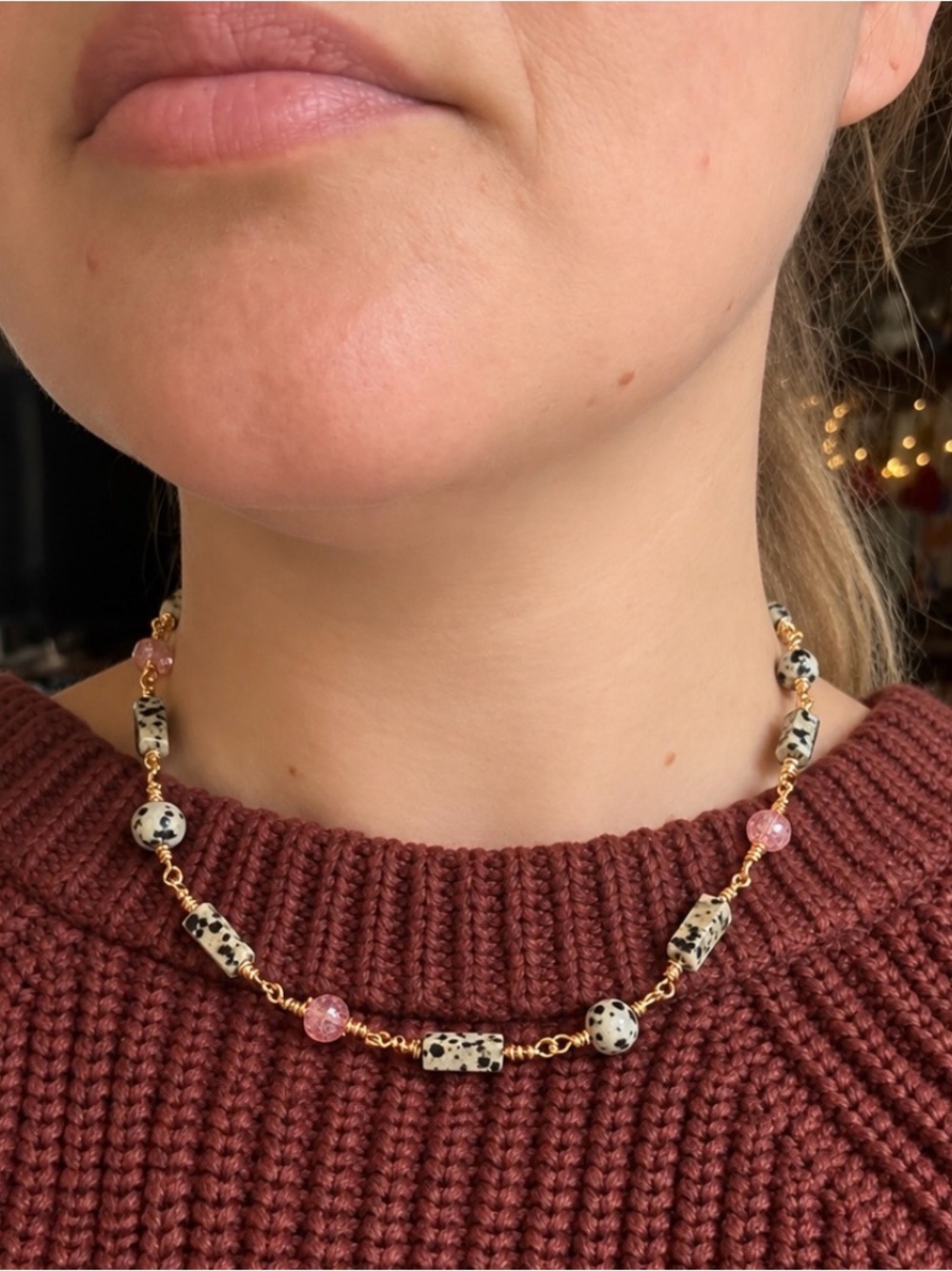 Handmade Gold Chain Necklace with Dalmatian Jasper and Pink Beads